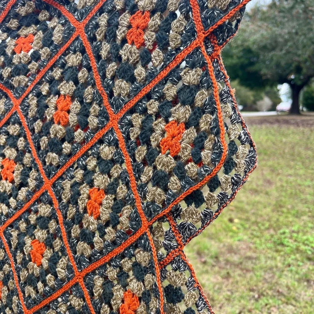 Vintage Crochet Granny Square Afghan Blanket Fall Colors 74x45.5